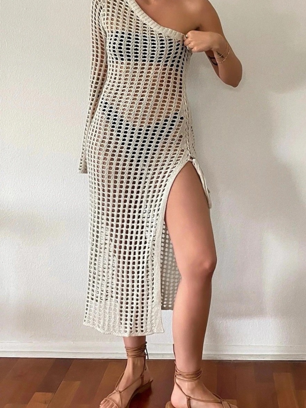 LCrochet One-Shoulder Swim Cover-Up in Cream Medium NWT